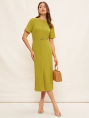 Friends Like These Green Tulip Sleeve Belted Flute Hem Midi Dress - Image 1 of 4