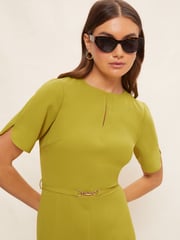 Friends Like These Green Tulip Sleeve Belted Flute Hem Midi Dress - Image 2 of 4