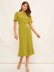 Friends Like These Green Tulip Sleeve Belted Flute Hem Midi Dress - Image 3 of 4