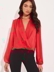 Lipsy Red Grandad Collar Long Sleeve Wrap Blouse - Image 1 of 4