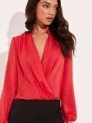 Lipsy Red Grandad Collar Long Sleeve Wrap Blouse - Image 4 of 4