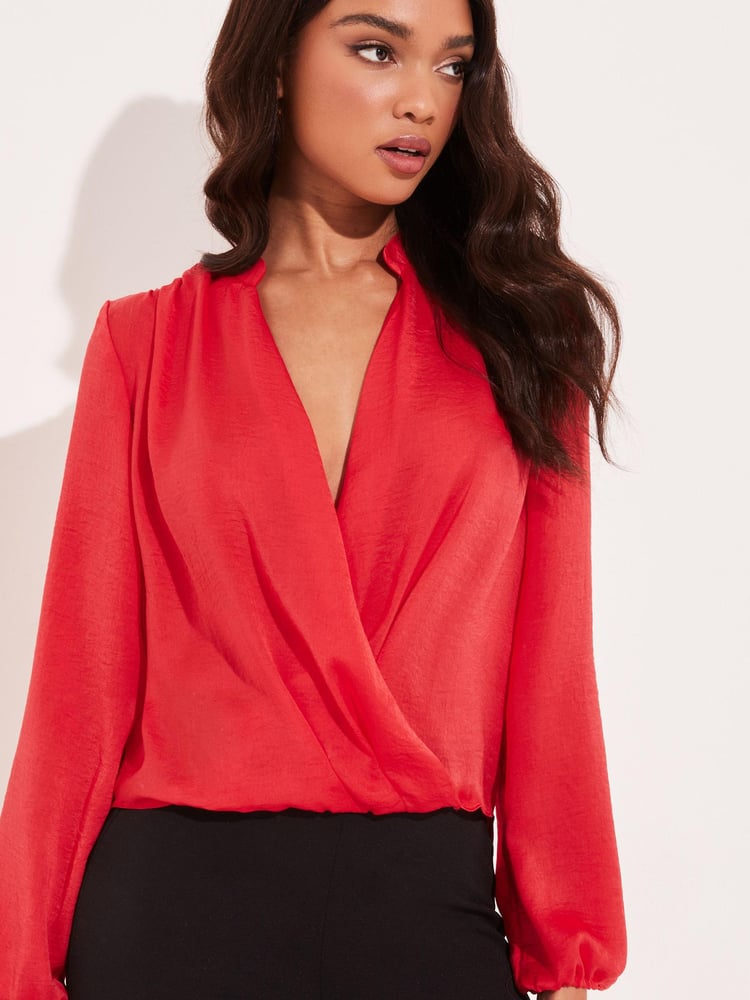 Lipsy Red Grandad Collar Long Sleeve Wrap Blouse - Image 4 of 4