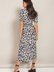 Friends Like These Monochrome Puff Sleeve Ruched Waist V Neck Midi Summer Dress - Image 1 of 3