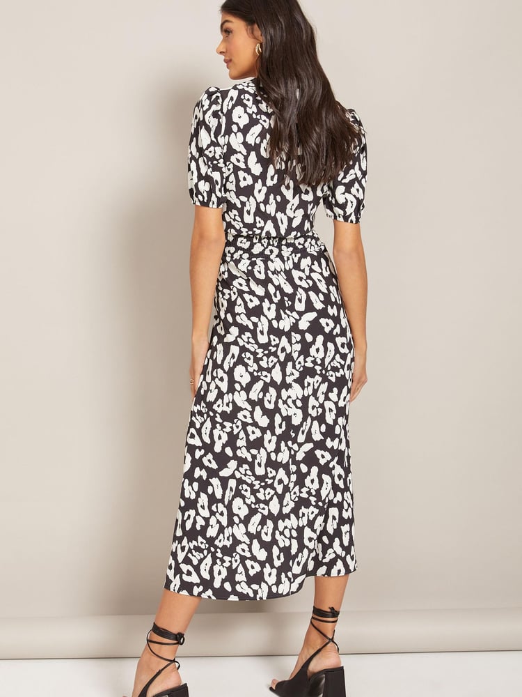 Friends Like These Monochrome Puff Sleeve Ruched Waist V Neck Midi Summer Dress - Image 1 of 3