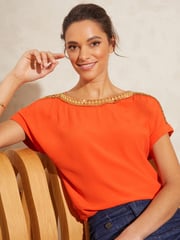 Love & Roses Orange Embellished Embellished Round Neck Roll Sleeve Top - Image 1 of 4