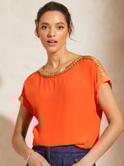 Love & Roses Orange Embellished Embellished Round Neck Roll Sleeve Top - Image 2 of 4