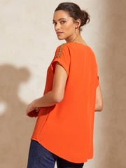 Love & Roses Orange Embellished Embellished Round Neck Roll Sleeve Top - Image 3 of 4