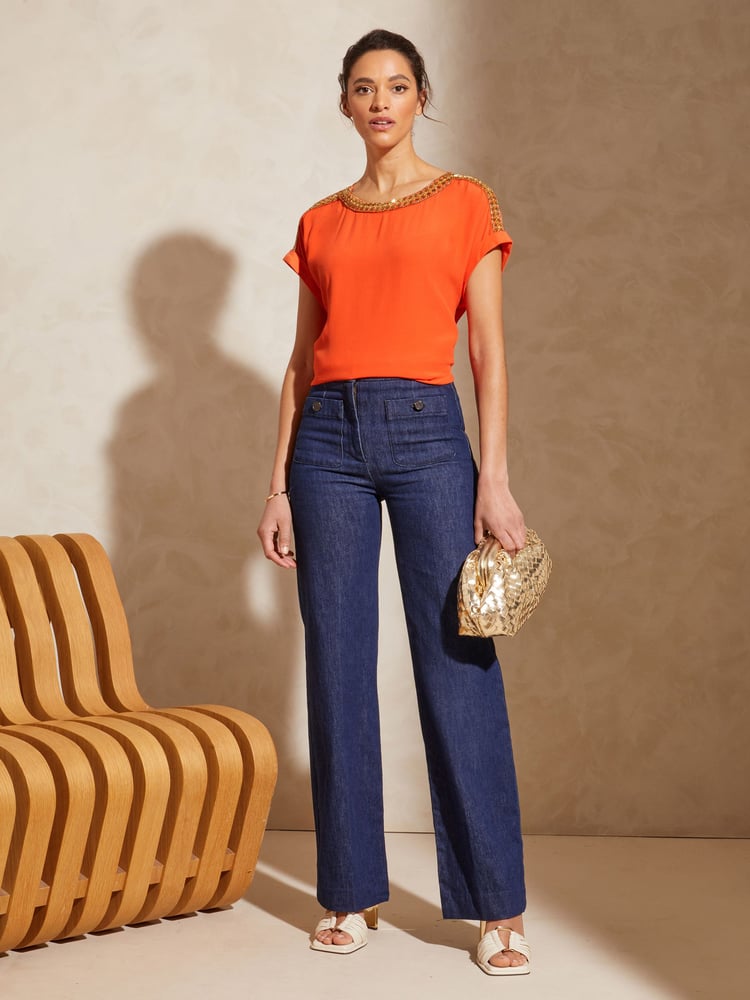 Love & Roses Orange Embellished Embellished Round Neck Roll Sleeve Top - Image 4 of 4