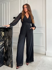 Girl In Mind Black Lola Long Sleeve Belted Wide Leg Wrap Jumpsuit - Image 1 of 6