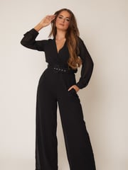Girl In Mind Black Lola Long Sleeve Belted Wide Leg Wrap Jumpsuit - Image 3 of 6