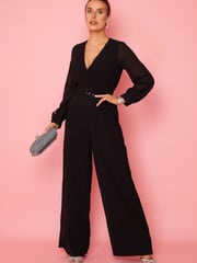 Girl In Mind Black Petite Lola Long Sleeve Belted Wide Leg Wrap Jumpsuit - Image 1 of 6