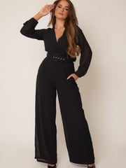Girl In Mind Black Petite Lola Long Sleeve Belted Wide Leg Wrap Jumpsuit - Image 3 of 6