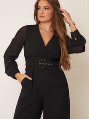 Girl In Mind Black Petite Lola Long Sleeve Belted Wide Leg Wrap Jumpsuit - Image 4 of 6