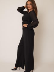 Girl In Mind Black Petite Lola Long Sleeve Belted Wide Leg Wrap Jumpsuit - Image 5 of 6