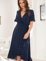 Pour Moi Navy Blue/ Aqua Megan Slinky Recycled Stretch Frill Detail Midi Wrap Dress - Image 1 of 5