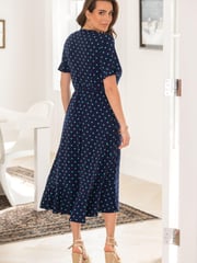 Pour Moi Navy Blue/ Aqua Megan Slinky Recycled Stretch Frill Detail Midi Wrap Dress - Image 3 of 5