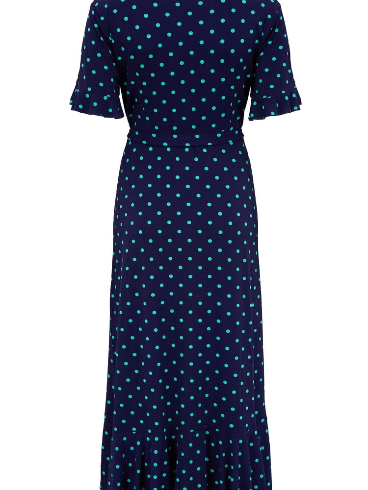 Pour Moi Navy Blue/ Aqua Megan Slinky Recycled Stretch Frill Detail Midi Wrap Dress - Image 5 of 5