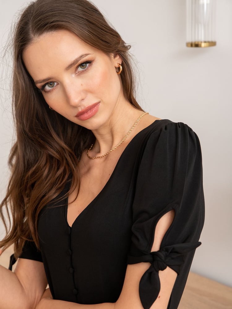 Pour Moi Black Bella Slinky Recycled Jersey Tie Sleeve Tea Dress - Image 2 of 5