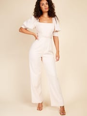 Little Mistress Cream Ecru Check Twist Detail Jumpsuit - Image 1 of 4