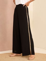 Love & Roses Black Lightweight Side Trim Wide Leg Trousers - Image 1 of 4