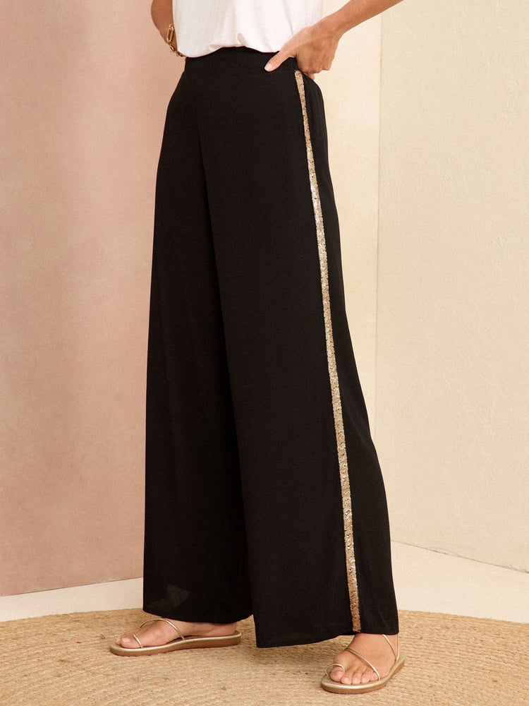 Love & Roses Black Lightweight Side Trim Wide Leg Trousers - Image 1 of 4