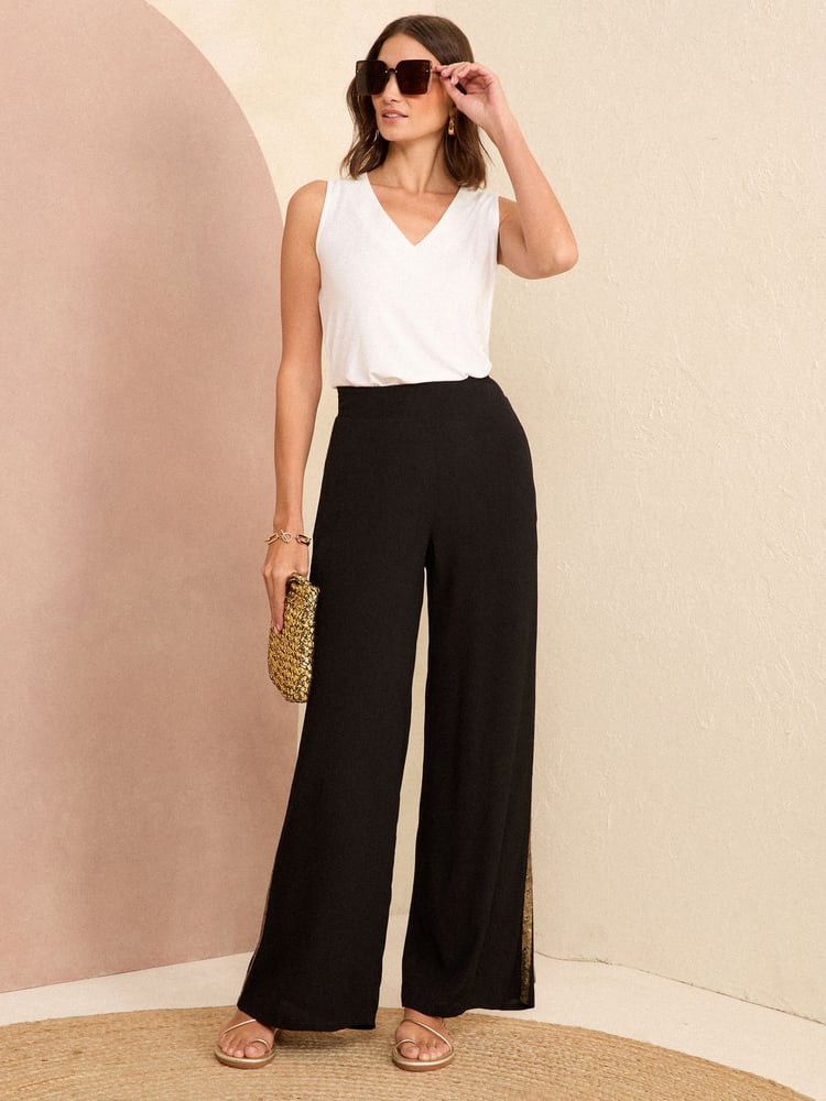Love & Roses Black Lightweight Side Trim Wide Leg Trousers - Image 4 of 4
