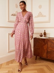 Love & Roses Pink Star Metallic V Neck Ruffle Long Sleeve Midi Summer Dress - Image 1 of 4