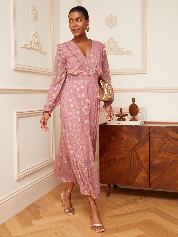 Love & Roses Pink Star Metallic V Neck Ruffle Long Sleeve Midi Summer Dress - Image 4 of 4