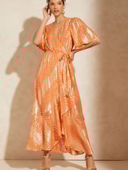 Love & Roses Orange Metallic Flutter Sleeve Wrap Tiered Midi Dress - Image 1 of 4