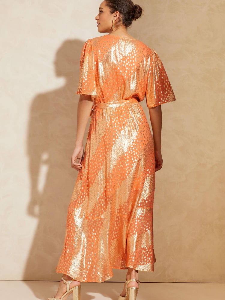 Love & Roses Orange Metallic Flutter Sleeve Wrap Tiered Midi Dress - Image 2 of 4