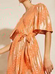 Love & Roses Orange Metallic Flutter Sleeve Wrap Tiered Midi Dress - Image 4 of 4