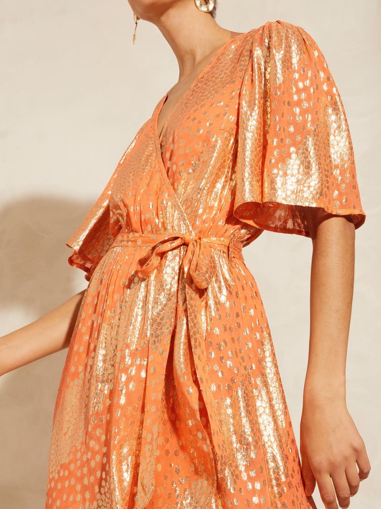 Love & Roses Orange Metallic Flutter Sleeve Wrap Tiered Midi Dress - Image 4 of 4 Love & Roses Orange Metallic Flutter Sleeve Wrap Tiered Midi Dress - Image 4 of 4