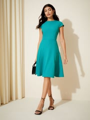 Friends Like These Teal Blue Fit and Flare Cap Sleeve Tailored Dress - Image 1 of 4