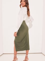 Lipsy Khaki Green Ruched High Waist Midi Summer Skirt - Image 2 of 4