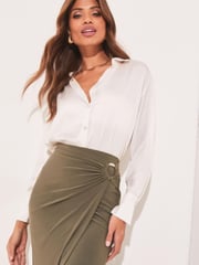 Lipsy Khaki Green Ruched High Waist Midi Summer Skirt - Image 4 of 4