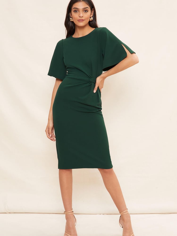 Friends Like These Green Petite Tailored Knot Detail Flutter Sleeve Midi Dress - Image 1 of 4