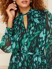 Love & Roses Green Twist Neck Ruffle Hem Long Sleeve Mini Dress - Image 2 of 4