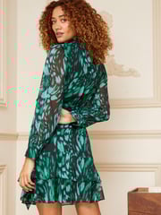 Love & Roses Green Twist Neck Ruffle Hem Long Sleeve Mini Dress - Image 3 of 4