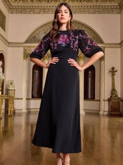 V&A | Love & Roses Black Embroidery Petite Embroidered Puff Sleeve Midi Dress - Image 1 of 4