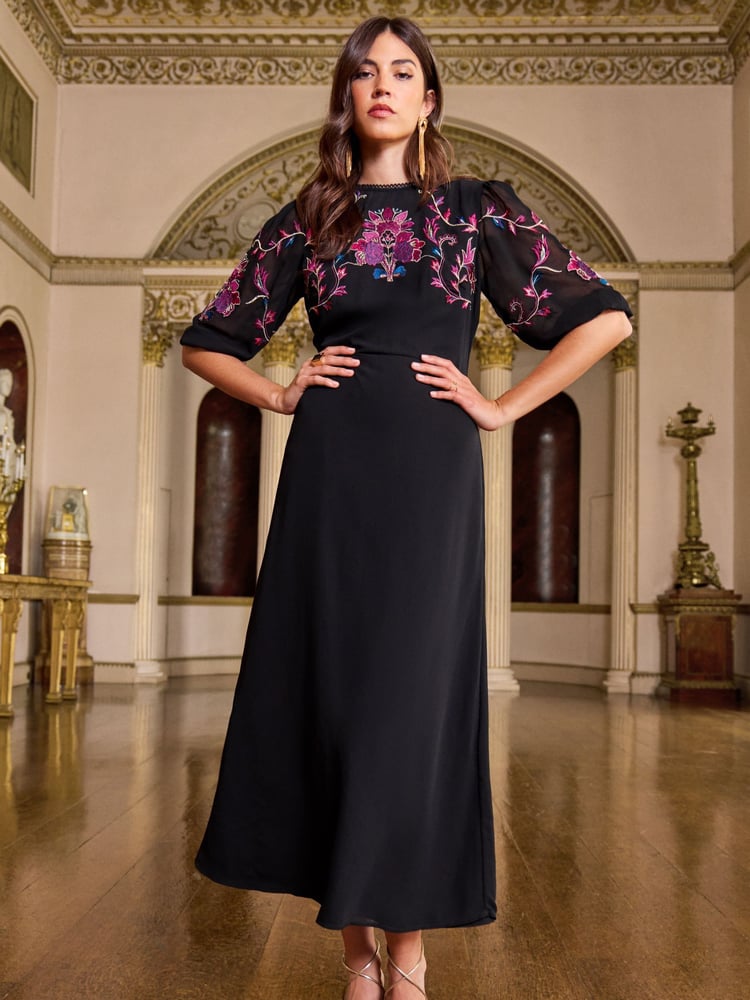 V&A | Love & Roses Black Embroidery Petite Embroidered Puff Sleeve Midi Dress - Image 1 of 4