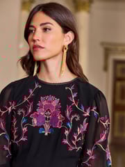 V&A | Love & Roses Black Embroidery Petite Embroidered Puff Sleeve Midi Dress - Image 2 of 4