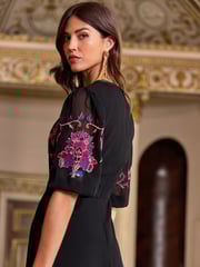 V&A | Love & Roses Black Embroidery Petite Embroidered Puff Sleeve Midi Dress - Image 3 of 4