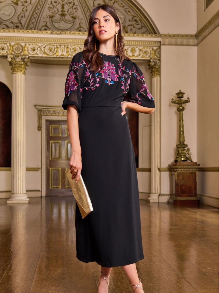 V&A | Love & Roses Black Embroidery Petite Embroidered Puff Sleeve Midi Dress - Image 4 of 4