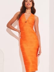 Lipsy Orange Twist Front V Neck Ripple Midi Dress - Image 1 of 4