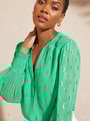 Love & Roses Green Metallic Sheer V Neck Long Sleeve Over The Head Blouse - Image 1 of 4