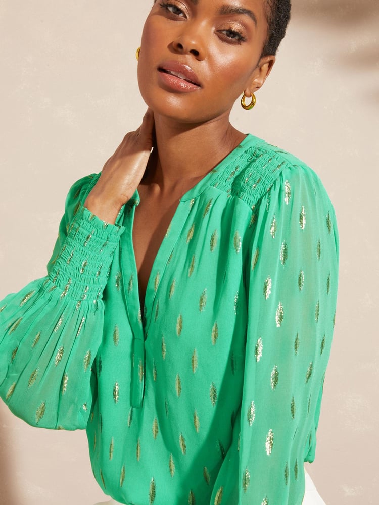 Love & Roses Green Metallic Sheer V Neck Long Sleeve Over The Head Blouse - Image 1 of 4