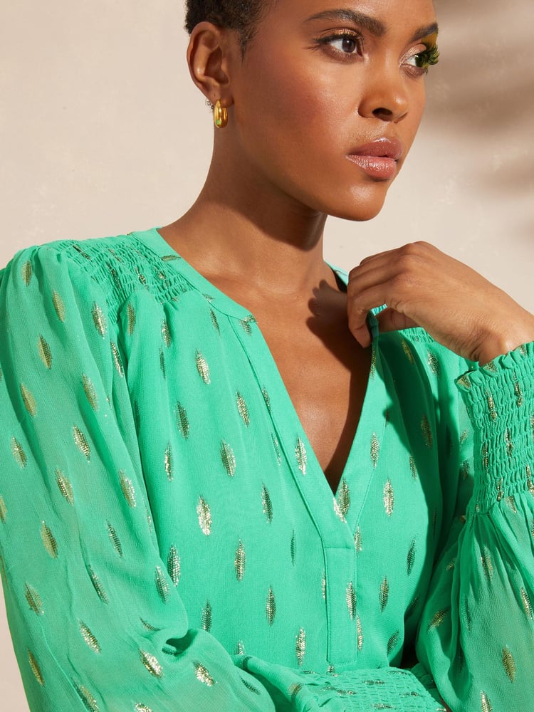 Love & Roses Green Metallic Sheer V Neck Long Sleeve Over The Head Blouse - Image 2 of 4