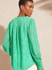 Love & Roses Green Metallic Sheer V Neck Long Sleeve Over The Head Blouse - Image 3 of 4