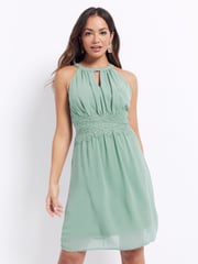 VILA Sage Green Halter Neck Tulle Fit And Flare Dress - Image 1 of 5