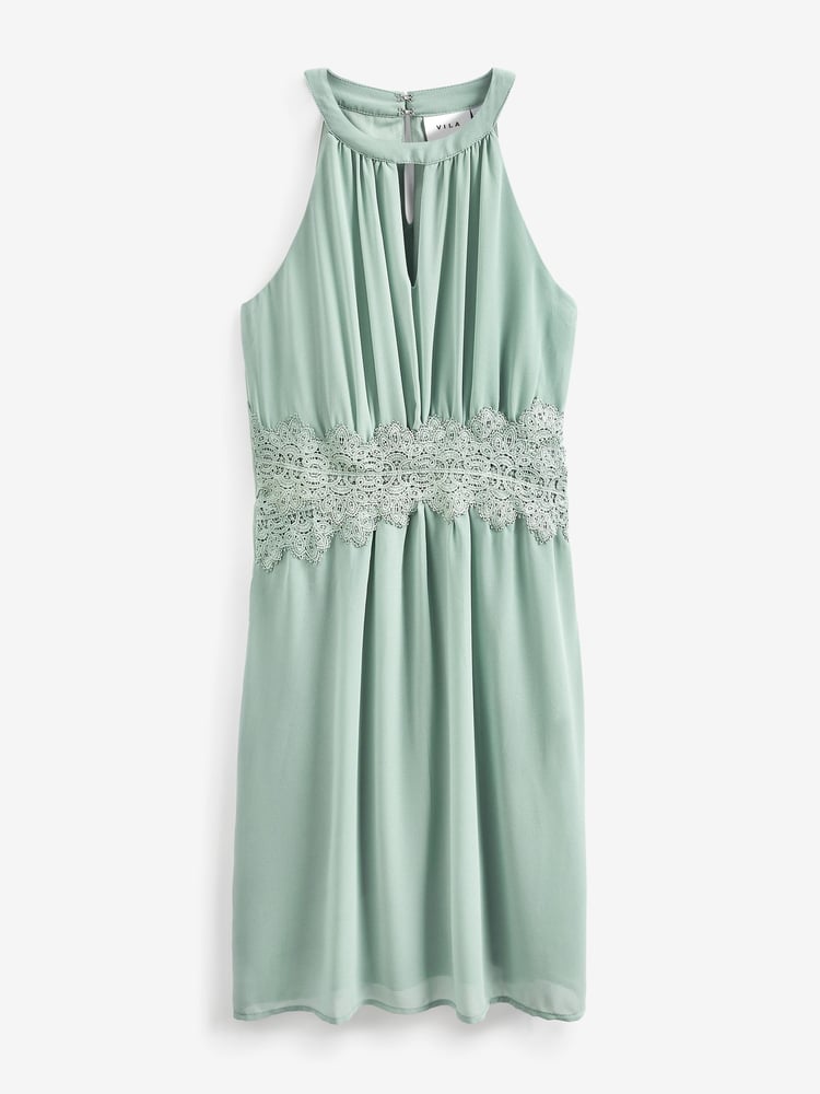 VILA Sage Green Halter Neck Tulle Fit And Flare Dress - Image 5 of 5